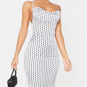 White Polka Dot Satin Strappy Back Midi Dress